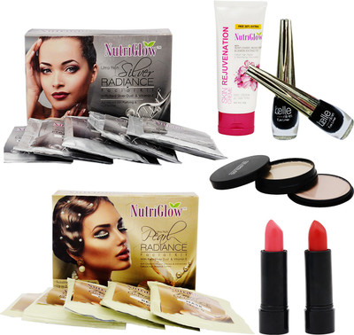 

NutriGlow Set of 2 ( Silver + Pearl) Facial kit + 1 Skin Rejuvenation Cream + 2 Eye liners + 2 Lipsticks + 1 (5-IN-1) Compact(Set of 1)