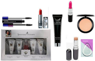 

Exclusive Silicon Puff & Shahnaz Husain Daimond Plus Kit, Lakme Absolute Blue Perfect Makeup Primer, Enrich Matte Finish Lipstick Mac Stick Concealer, Compact, Candy Yum Yum Lipstick, HautE and Naughty Waterproof Lash Double Effect Mascara(Set of 8)