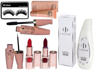 

BRUTUS Eyelashes&Lakme 9TO5 Russian Red Lipstick&Cvber Lipstick&Waterproof Eyeliner&Mascara&Weightless Mousse& Winter Intense Maximum Moisturiser(Set of 7)