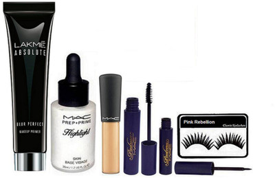 Pink rebellion Eyelashes & Lakme Absolute Blur Perfect Makeup Primer & Eyeliner+Mascara & Highlighter & Minearlize Concealer(Set of 6)
