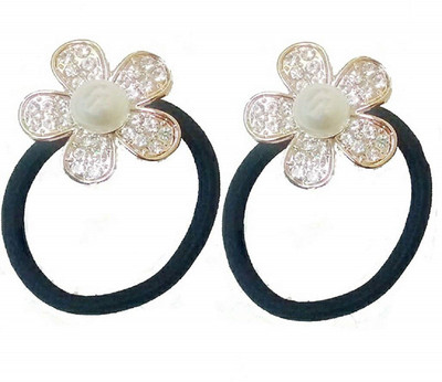 

Rk Women Designer Party Wear Flower Shape Crystal Rhinestone Pearl Hair Rubber Band Rope Elastic Ponytail Holder Accessories (2 Pcs.) Hair Band(Gold)
