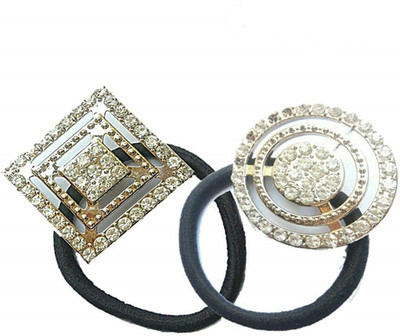 

Rk Women Designer Party Wear 2 Stylish Shape Crystal Rhinestone Hair Rubber Band Rope Elastic Ponytail Holder Accessories (2 Pcs.) Hair Band(Gold)
