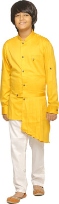 Fourfolds Boys Festive & Party Kurta and Pyjama Set(Yellow Pack of 1)