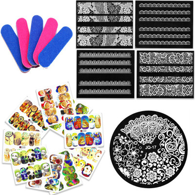 

STZ Nail Art Combo - 10 Sheets of Cartoon Water Transfer Nail Art Stickers - JQ17 Nail Art Plate - 4 Sheets of Adhesive Lace Nail Art Stickers(white)