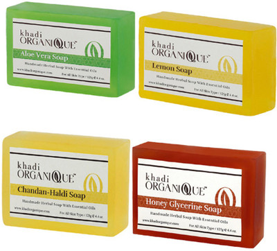 

Khadi Organique aloevera soap,chandan haldi soap,lemon soap,honey glycerine soap combo pack 500 gm (pack of 4)(500 g, Pack of 4)
