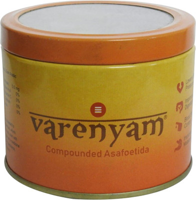 

Varenyam Compounded Premium Asafoetida/Hing Powder 200g ( 100g x 2 Tins) | Premium Tin Pack(100 g)