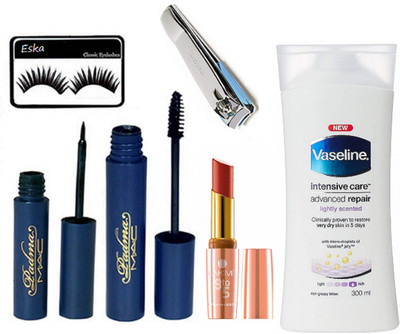 

Eska Eyelashes, Padma Eyeliner+Mascara & Intensive Care Advancred Repair Body Lotion & 9 to 5 Prime Matte Lipstick & Nail Cutter(Set of 6)