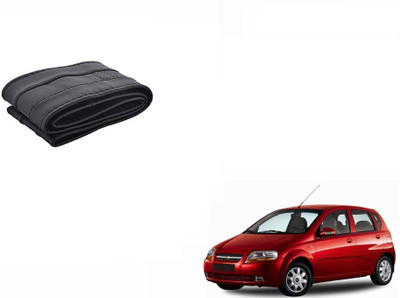 CARIZO Hand Stiched Steering Cover For Chevrolet Aveo UVA(Black, Leatherite)