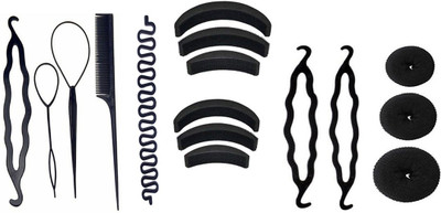 

KYT hair combo set 16 pcs , 4 pcs Diy kit tools , 6 pcs hair volumizer base puff , 2 pcs juda bun maker , 3 pcs hair donut bun maker , all Different Size all in one combo , easy to use(Set of 16)