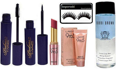 

Importedd Eyelashes, Mac padme eyeliner and mascara, bobbi brown makeup remover, Mousse, Primer Lipstick(Set of 6)