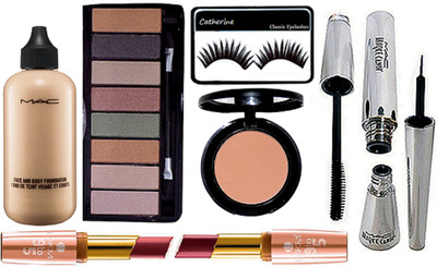 

catherine Eyelashes with Face and body foundation, 8 shade eyeshadow palette, star trick blusher, brook candy eyeliner & Mascara, 9to5 Lipstick pack of 2(Set of 8)