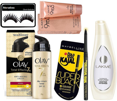 

marvalous eyelashes , lakme maximum moisturiser winter intense lotion 120ml , weightless mousse fooundation , super black kajal , olay total effects day cream 20g(Set of 5)