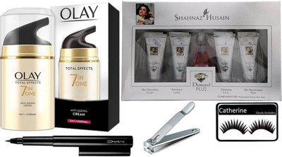 

catherine eyelashes, olay total effect 7in one cream, shahnaz husain diamond facial kit, mac pen eyeliner with nail cutter(Set of 5)