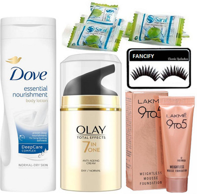 

Fancify eyelashes , dove essential nourishment body lotion , olay total effects anti ageing cream , weightless mousse foundation 6g with magic napkin(Set of 5)