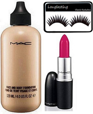 

longlasting Eyelashes, Matte Finish Lipstick, Face & Body Foundation(Set of 3)