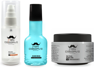 

MEN DESERVE Beard Softener (Soft, Shine & Growth) + Beard Wash (Vitamin D3 & Aloe Vera) + Hair Styling Cream Medium Hold with Anti Dandruff(Set of 3)