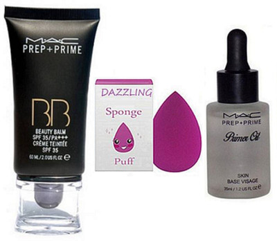 

dazzling Sponge Puff & mac BB Beauty Balm Foundation & Mac Prep+Prime Oil Skin Base Visage(Set of 3)