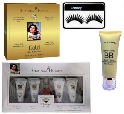 

jenney Eyelashes & Shahnaz Husain Gold Skin Radiance & Diamond Plus Facial Kit WIth Colorbar Foundation(Set of 4)
