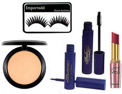 

Importedd Eyelashes, Mac Compact & Padma Eyeliner, Mascara & Lakme 9to5 Primer-Matte lipstick(Set of 5)