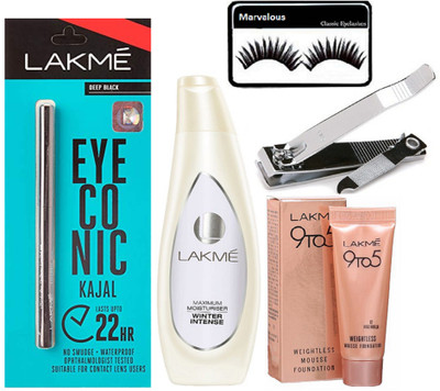 

marvalous eyelashes , lakme maximum moisturiser winter intense lotion 120ml , weightless mousse foundation ,eyeconic kaj. with nail clipper(Set of 5)