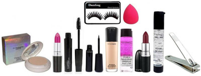 

dazzling Eyelashes , Lightful Face Powder Compact , 2 Lipstick , Haute & Naughty Mascara , Eyeliner , Matchmaster Foundation , Makeup Remover , Primer , Spongy Puff & Nail Cutter(Set of 11)