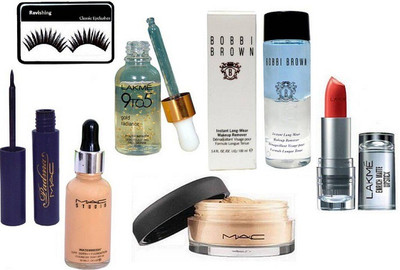 

ravishing Eyelashes&Mac Eyeliner Liquid&Studio WaterWeight Foundation&Loose Powder&Lakme Serum Gold radiance&Enrich Lipstick&Bobbi Brown Makeup Remover(Set of 7)