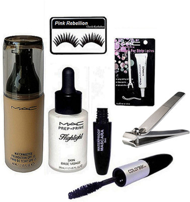 

Pink Rebellion Eyelashes & Match master Foundation & Prep+Prime Highlight & Eyeliner+Mascara & Eyelashes Glue With Nail Cutter(Set of 6)