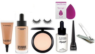 

dazzling Sponge puff & Mac Select Cover Up & Foundation & HIghlighter & Compact & Liner & Eyelashes , Nail Cutter(Set of 8)