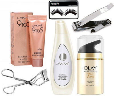 

Fancify eyelashes, Lakme Winter Intense Moisturiser 120 ml ,olay total effects anti ageing cream , weightless mousse cream , eyelash curler with nail cutter(Set of 6)