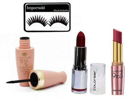 

Importedd Eyelashes, Lakme 9to5 Black Waterproof Eyeliner & Primer Lipstick, Colorbar Lipstick(Set of 4)