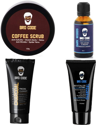 

Bro code Premium Quality Activated Charcoal Peel Off Mask & Coffee Scrub For Men and Women-100% Natural with Anti Cellulite & Activated Charcoal Facial Cleanser & 100% Organic Beard Conditioner And Softener Beard Oil(Set of 4)