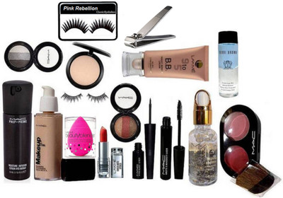 

Pink Rebellion Eyelashes & Sponge puff, studio fix Compact, makeup pro long wear foundation, Liquid Last Eyeliner, Haughte and Naughty Mascara, Eyeshadow Fard A Joues Mineralize (set of 2), Prep+Prime moisture infusion serum, smoothing perfect primer, Two
