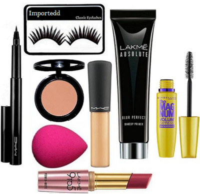 

Importedd Eyelashes & Mac Mineralize concealer, pen eyeliner, star Trik Blusher, Absolut primer, 9to5 lipstick, the mag num mascara with sponge puff(Set of 8)