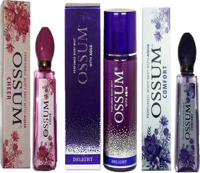 

OSSUM COMFORT PERFUMED BODY MIST 115ML+ DELIGHT PERFUMED BODY MIST 190ML+ CHEER PERFUMED BODY MIST 115ML Deodorant Spray - For Men & Women(115 ml, Pack of 3)