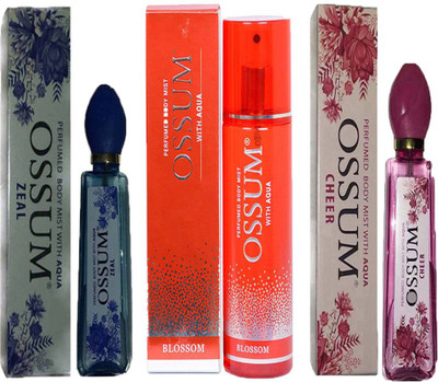 

OSSUM CHEER PERFUMED BODY MIST 115ML+ BLOSSOM PLEASURE BODY MIST 190ML+ ZEAL PERFUMED BODY MIST 115ML Deodorant Spray - For Men & Women(115 ml, Pack of 3)