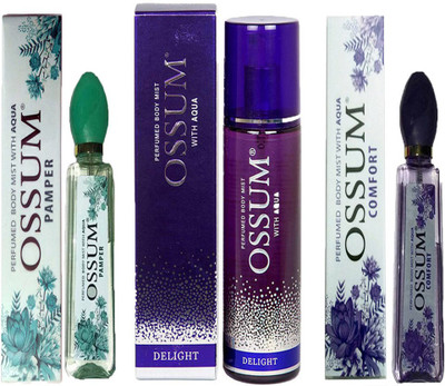 

OSSUM COMFORT PERFUMED BODY MIST 115ML+ DELIGHT PERFUMED BODY MIST 190ML+ PAMPER PERFUMED BODY MIST 115ML Deodorant Spray - For Men & Women(115 ml, Pack of 3)