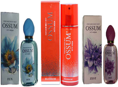 

OSSUM FUN PERFUMED BODY MIST 115ML+ BLOSSOM PERFUMED BODY MIST 190 ML+ ZEST PERFUMED BODY MIST 115ML Deodorant Spray - For Men & Women(420 ml, Pack of 3)