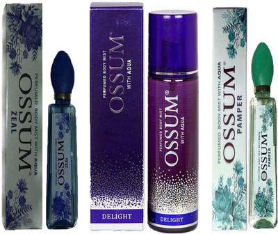

OSSUM ZEAL PERFUMED BODY MIST 115ML+ DELIGHT PERFUMED BODY MIST 190ML+ PAMPER PERFUMED BODY MIST 115ML Deodorant Spray - For Men & Women(115 ml, Pack of 3)
