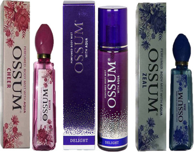 

OSSUM CHEER PERFUMED BODY MIST 115ML+ DELIGHT PERFUMED BODY MIST 190ML+ ZEAL PERFUMED BODY MIST 115ML Deodorant Spray - For Men & Women(115 ml, Pack of 3)