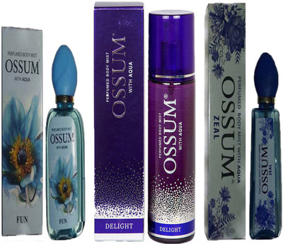 

OSSUM ZEAL PERFUMED BODY MIST 115ML+ DELIGHT PERFUMED BODY MIST 190ML+ FUN PERFUMED BODY MIST 115ML Deodorant Spray - For Men & Women(115 ml, Pack of 3)