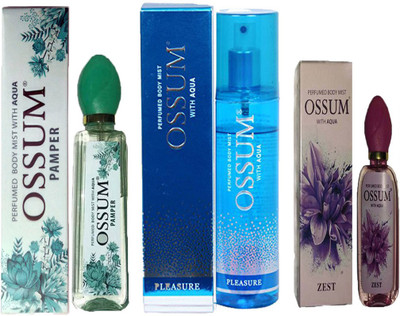 

OSSUM ZEST PERFUMED BODY MIST 115ML+ PLEASURE PERFUMED BODY MIST 190 ML+ PAMPER PERFUMED BODY MIST 115ML Deodorant Spray - For Men & Women(420 ml, Pack of 3)