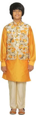 Fourfolds Boys Festive & Party Kurta, Waistcoat and Pyjama Set(Yellow Pack of 1)