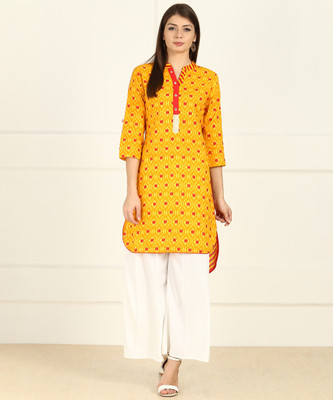 Indian Ink Women Printed Straight Kurta(Yellow)