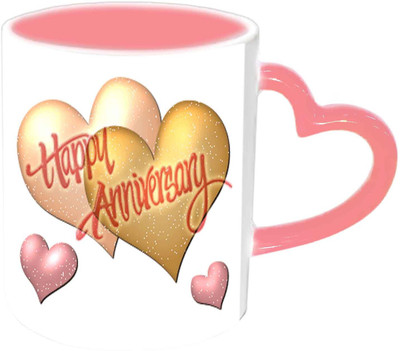 

Raj Laxmi Beautiful Heart Design Happy Anniversary Pink Handle Ceramic Mug(350 ml)