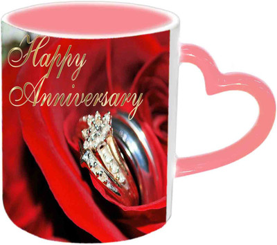 

Raj Laxmi Anniversary Wishes With Lovely Ring Design Pink Handle Ceramic Mug(350 ml)