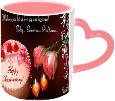 

Raj Laxmi Anniversary Wishes With Lovely Roses N Cake Design Pink Handle Ceramic Mug(350 ml)