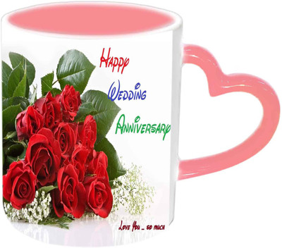 

Raj Laxmi Happy Wedding Anniversary With Unique Design Pink Handle Ceramic Mug(350 ml)