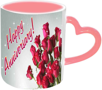 

Raj Laxmi Lovely Roses Happy Anniversary Wishes Pink Handle Ceramic Mug(350 ml)