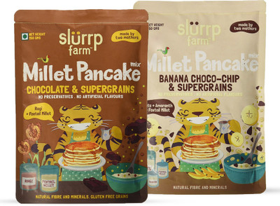 

Slurrp Farm Millet Pancake Mix: Banana, Choco-chip & Supergrains + Chocolate & Supergrains 300 g(Pack of 2)