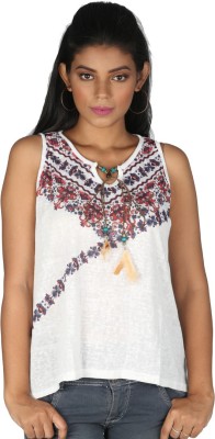 mont eve Casual No Sleeve Floral Print Women White Top